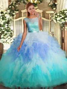 Enchanting Sleeveless Floor Length Lace and Ruffles Backless Quinceanera Dress with Multi-color
