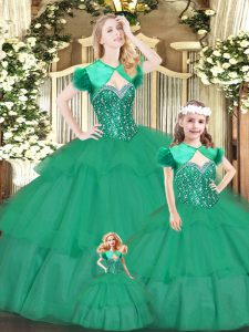 Green Sleeveless Organza Lace Up 15th Birthday Dress for Military Ball and Sweet 16 and Quinceanera
