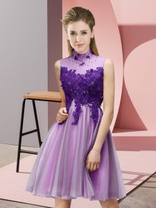 Gorgeous Lilac Empire Tulle High-neck Sleeveless Appliques Knee Length Lace Up Dama Dress for Quinceanera