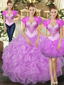 Lilac Tulle Lace Up Straps Sleeveless Floor Length Quinceanera Dress Beading and Ruffles