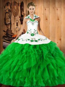 High End Halter Top Sleeveless Satin and Organza Sweet 16 Quinceanera Dress Embroidery and Ruffles Lace Up
