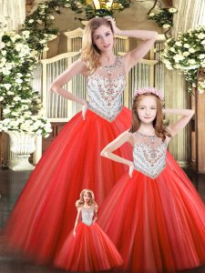 Tulle Scoop Sleeveless Lace Up Beading Quinceanera Gowns in Red