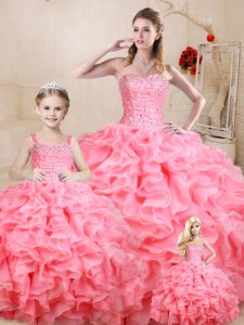 Suitable Watermelon Red Organza Lace Up Sweetheart Sleeveless Floor Length Quinceanera Dress Beading and Ruffles