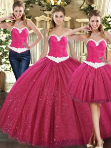 Lovely Sleeveless Tulle Floor Length Lace Up Sweet 16 Dresses in Fuchsia with Ruching