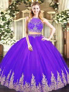 Beautiful Purple Scoop Zipper Beading and Appliques 15th Birthday Dress Sleeveless
