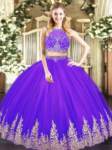 Beautiful Purple Scoop Zipper Beading and Appliques 15th Birthday Dress Sleeveless