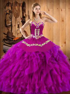Fuchsia Ball Gowns Embroidery and Ruffles Sweet 16 Dress Lace Up Satin and Organza Sleeveless Floor Length