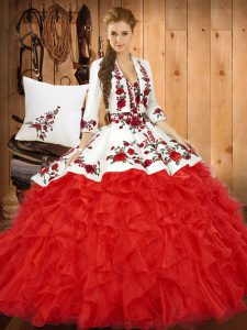 Red Tulle Lace Up Sweetheart Sleeveless Floor Length Sweet 16 Quinceanera Dress Embroidery and Ruffles