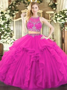 Tulle Sleeveless Floor Length Quinceanera Dress and Beading and Ruffles