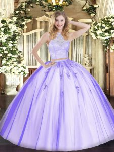 Classical Floor Length Lavender 15th Birthday Dress Tulle Sleeveless Lace and Appliques