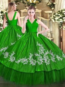 Floor Length Zipper Ball Gown Prom Dress Green for Military Ball and Sweet 16 and Quinceanera with Embroidery