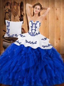 Blue And White Lace Up Strapless Embroidery and Ruffles 15 Quinceanera Dress Satin and Organza Sleeveless