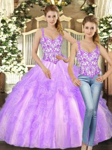 Organza Straps Sleeveless Lace Up Beading and Ruffles Quinceanera Dresses in Lilac