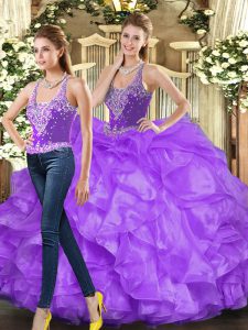Floor Length Eggplant Purple and Purple Ball Gown Prom Dress Straps Sleeveless Lace Up