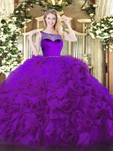 Clearance Eggplant Purple Ball Gowns Fabric With Rolling Flowers Scoop Sleeveless Beading Floor Length Zipper Sweet 16 Dresses