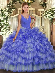 Wonderful Sleeveless Organza Floor Length Backless Sweet 16 Dress in Lavender with Beading and Ruffled Layers
