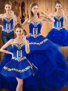 Blue Satin and Organza Lace Up Quince Ball Gowns Sleeveless Floor Length Embroidery and Ruffles