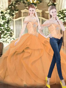 Delicate Sleeveless Organza Floor Length Lace Up Quinceanera Dresses in Orange Red with Beading and Ruffles