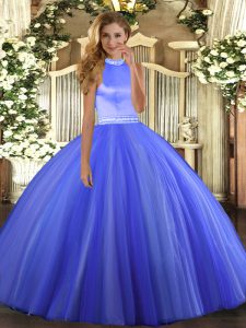 Excellent Floor Length Blue Quinceanera Gowns Tulle Sleeveless Beading