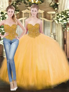 Tulle Sweetheart Sleeveless Lace Up Beading Sweet 16 Dresses in Gold