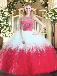 Glamorous Tulle Halter Top Sleeveless Zipper Beading and Ruffles Sweet 16 Quinceanera Dress in Multi-color