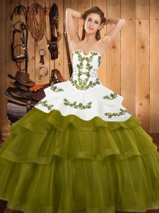 Beautiful Olive Green Sleeveless Embroidery and Ruffled Layers Lace Up Quince Ball Gowns