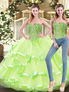 Graceful Yellow Green Lace Up Quinceanera Dresses Beading and Ruffled Layers Sleeveless Floor Length