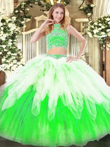 Graceful Tulle Sleeveless Floor Length Ball Gown Prom Dress and Beading and Ruffles