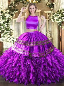 Floor Length Criss Cross Ball Gown Prom Dress Eggplant Purple for Military Ball and Sweet 16 and Quinceanera with Ruffles and Sequins