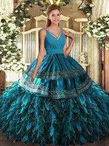 Dynamic Sleeveless Side Zipper Floor Length Beading and Appliques and Ruffles Quinceanera Dress