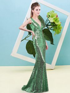 Hot Sale Floor Length Zipper Prom Evening Gown Green for Prom and Party with Sequins