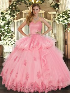 Floor Length Lace Up Sweet 16 Dress Watermelon Red for Military Ball and Sweet 16 and Quinceanera with Beading and Appliques and Ruffles