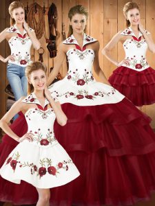Stunning Wine Red Lace Up Quinceanera Dress Embroidery and Ruffled Layers Sleeveless With Train Sweep Train