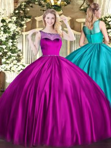 Sleeveless Floor Length Beading Zipper Quinceanera Gown with Fuchsia