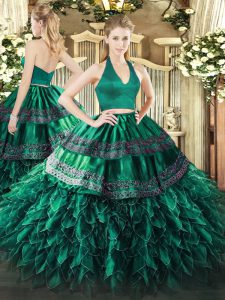 Graceful Dark Green 15 Quinceanera Dress Military Ball and Sweet 16 and Quinceanera with Appliques and Ruffles Halter Top Sleeveless Zipper