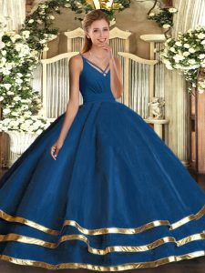 Blue Backless Quinceanera Gown Ruching Sleeveless Floor Length