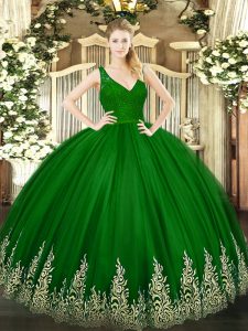 Modest Green Zipper V-neck Beading and Appliques Quinceanera Gowns Tulle Sleeveless