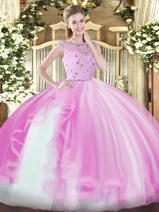 Lilac Ball Gowns Bateau Sleeveless Tulle Floor Length Zipper Beading and Ruffles Quinceanera Dresses