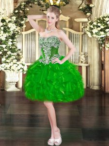 Flare Sleeveless Mini Length Beading and Ruffles Lace Up Evening Dress with Green