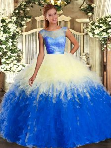 Captivating Multi-color Ball Gowns Organza Scoop Sleeveless Lace and Ruffles Floor Length Backless Vestidos de Quinceanera