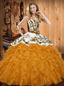 Beautiful Gold Ball Gowns Satin and Organza Sweetheart Sleeveless Embroidery and Ruffles Floor Length Lace Up 15th Birthday Dress