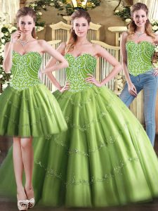 Eye-catching Olive Green Sweetheart Neckline Beading Sweet 16 Dress Sleeveless Lace Up