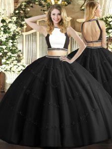 Black Tulle Backless Quinceanera Dress Sleeveless Floor Length Beading