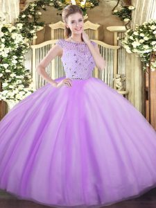 Charming Lavender Ball Gowns Tulle Bateau Sleeveless Beading Floor Length Zipper Ball Gown Prom Dress