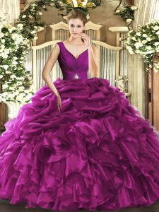 Super Fuchsia Backless Quince Ball Gowns Beading and Ruffles Sleeveless Floor Length