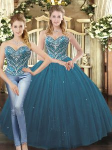 Floor Length Lace Up 15 Quinceanera Dress Teal for Military Ball and Sweet 16 and Quinceanera with Beading and Ruffles
