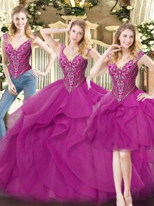 Fuchsia Quinceanera Gowns Military Ball and Sweet 16 and Quinceanera with Beading and Ruffles V-neck Sleeveless Lace Up