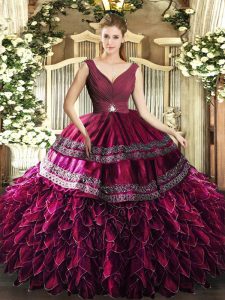 Burgundy V-neck Backless Beading and Ruffles Sweet 16 Quinceanera Dress Sleeveless