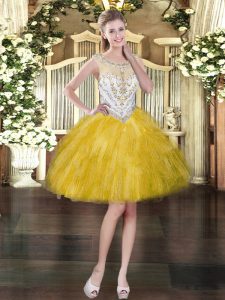 Gold Tulle Zipper Scoop Sleeveless Mini Length Prom Gown Beading and Ruffles