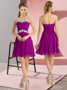 Dramatic Scoop Cap Sleeves Lace Up Prom Dress Fuchsia Chiffon